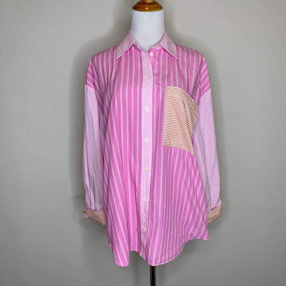 Zara Colorblock Striped Shirt Sz Small Pink Orange White - Picture 1 of 11
